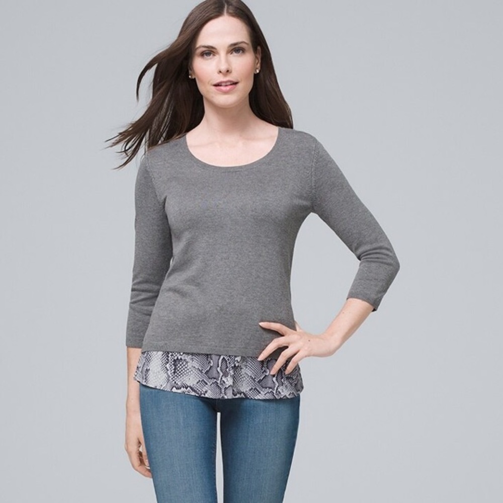 White House Black Market Women's Pullover Sweater w/ Gray Snakeskin Woven Hem.